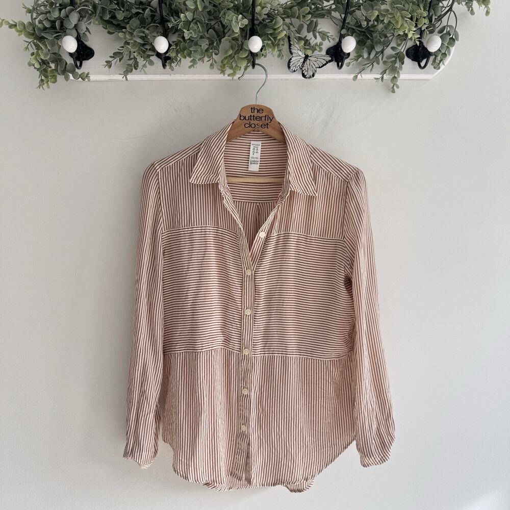 Spanx 100% Silk Brown Striped Button Down Low Matience Shirt KT